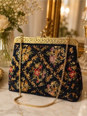 Vintage Beaded Evening Mini Bag Tapestry Clutch Old Hollywood Purse Rare